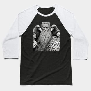 King of the Vikings Odin in Battle Armor with his ravens Huginn and Muninn done in a realistic black and gray. Baseball T-Shirt